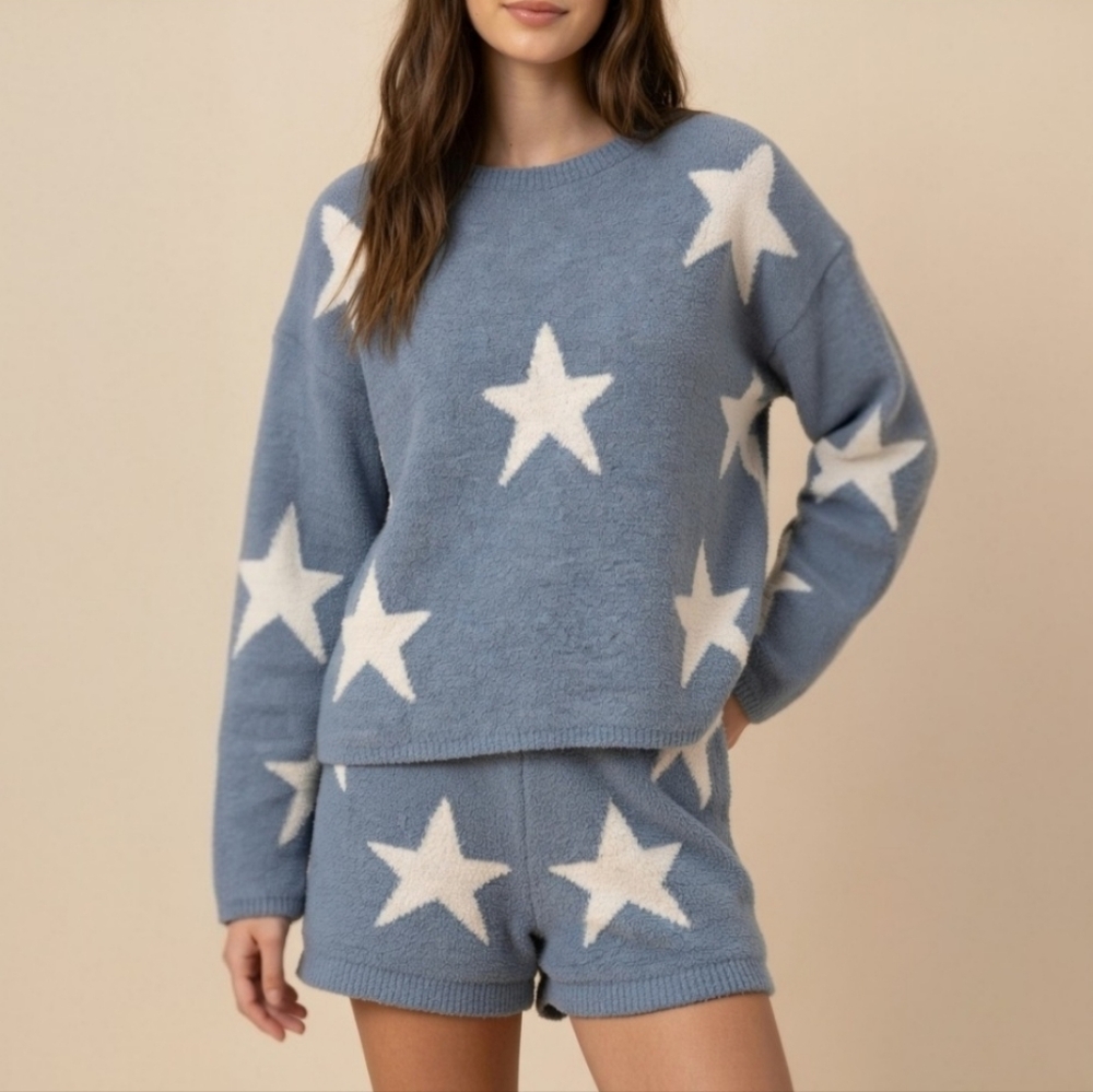 Sincerely Jules Blue Starry Night Fuzzy Knit Lounge Sweater Set Small Pajamas